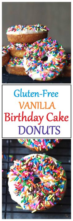 three birthday cake doughnuts with sprinkles on top and the words gluten - free vanilla birthday cake donuts above them