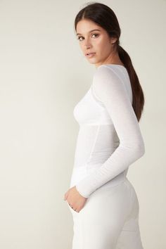 Long-sleeve top in soft modal cashmere ultralight with a boat neckline. Sheer Tops For Loungewear, Elegant Sheer Tops For Loungewear, White Sheer Tops For Loungewear, Sheer White Loungewear Tops, Boat Neckline, Lingerie Collection, Clothes Collection, Jumpers For Women, Boat Neck