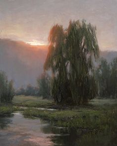 an oil painting of a river with trees in the background