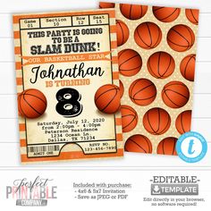 basketball birthday party invitation with an orange and white background, including a ticket for the ball game