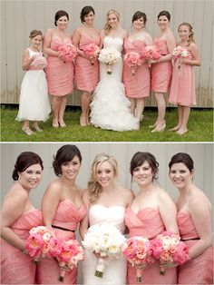 the bridesmaids in pink dresses are posing for pictures