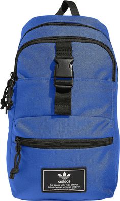 the adidas backpack is blue and has black trimmings on the front pocket