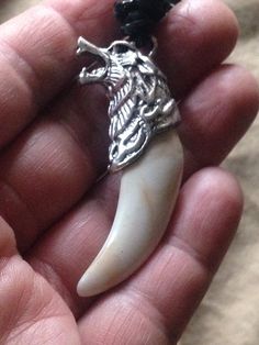 Large Faux Bone Wolf Tooth with Tibetan Silver on Cord Unisex Man Necklace Adjustable 2 Color Options: 1_ White Tooth 2_White + Cream Streaks Tooth Man Necklace, Wolf Tooth, Wolf Teeth, Bone Horn, White Teeth, White Cream, Men Necklace, Bones, Color Options