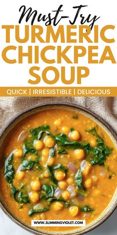 a bowl filled with chickpea soup on top of a table