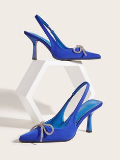 Blue Fashionable    Plain Slingbacks Embellished   Women Shoes Elegant Blue Heels With Sculpted Heel, Elegant Blue Synthetic Heels, Blue Pointed Toe Heels For Event, Creative Flatlay, Luxury Blue Synthetic Heels, White High Heel Shoes, Elegant Blue Slingback Pumps With 4-inch Heel, Bride Ideas, White High Heels