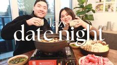 two people sitting at a table with food in front of them and the words laz datenight