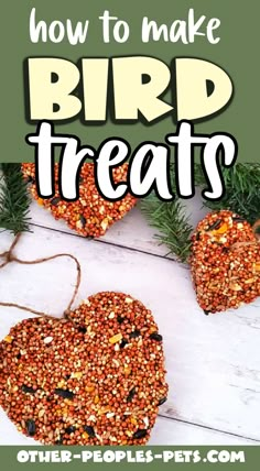 the words how to make bird treats on top of two heart shaped birdseeds