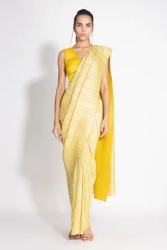 Shop for 431-88 by Shweta Kapur Yellow Silk Pre-draped Saree With Blouse for Women Online at Aza Fashions Pleated Saree, Indian Look, Drape Saree, Yellow Saree, Saree Trends, Yellow Blouse, Blouse For Women, Party Wear Sarees, Blouse Online