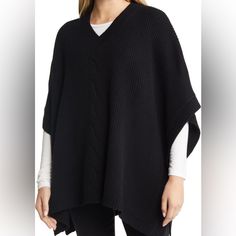 90% Wool , 10% Cashmere. One Size Fits All. Cozy Cashmere Cape, Wool Black Poncho For Fall, Black Wool Poncho For Fall, Chic Black Wool Cape, Cozy Black Cashmere Outerwear, Chic Black Poncho For Layering, Kimono Shrug, Knit Poncho Sweater, Black Poncho