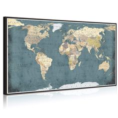 PRICES MAY VARY. Rustic World Map Wall Decor,Artwork Size:32"x55"(80x140cm), Perfect Pieces to Decorate Your Room and Reflect Your Attitude to Life,Ideal Decoration Gifts Premium Giclee Eco-solvent Canvas Prints,Long Lasting Vivid Color Creates the Feeling of Original Nature and Masterpiece Inner Stretched on Wood Frame With Black Floater Frame.Ready to Hang,Professional Museum Gallery Wrap, Back Finish Neatly Hanging Hardware Kit Attached,Well Packed in Carton The Actual Color Maybe Slightly Di World Map Wall Decor, Detailed World Map, Blue Map, Pushpin Travel Map, Map Canvas Art, World Map Art, World Map Canvas, Map Wall Decor, Map Of The World