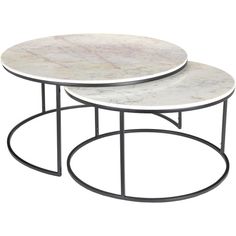 two white marble tables with black metal legs and round bases, one on top of the other