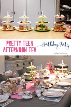 there is a table full of cakes and desserts on the table with words that read pretty teen afternoon tea