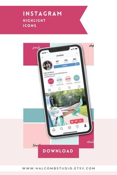 the instagram icon is displayed on an iphone screen with pink and blue stripes behind it
