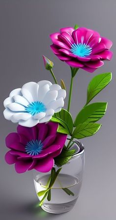 three colorful flowers in a glass vase on a gray background with water and green leaves