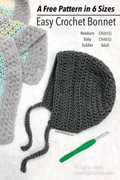 the crochet bonnet is next to an adult sized hat and knitting needles are shown