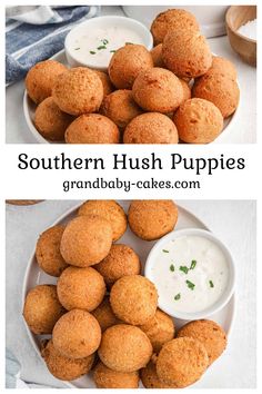 two plates filled with fried hush puppies next to bowls of ranch dip and sour cream