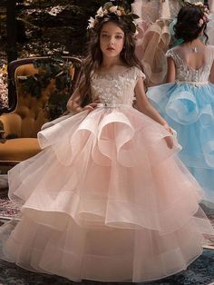 Pink Tulle Dresses With Appliques, Pink Tulle Dress With Appliques, Pink Wedding Dress With Appliques, Fitted Dress With Appliques For Dress-up, White Tulle Dress With Appliques, Wedding Dresses For Kids, Girls Dresses Online, Tulle Flower Girl, First Communion Dresses