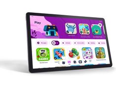 the tablet is displaying an image of children's toys on it, and has many icons