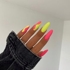 Cute Neon Nails Summer, Bright Almond Nails, Neon Yellow Acrylic Nails, Neon Nail Colors, Lime Nails, Nail Options, Neon Orange Nails, Neon Yellow Nails, Neon Nail Designs