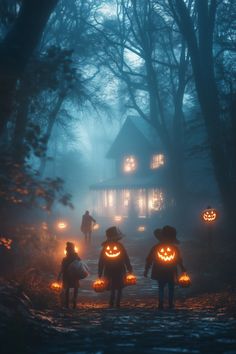 some people with pumpkins in front of a creepy house at night, all lit up by flashlights