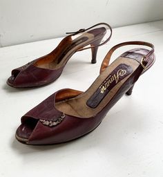 "Vintage 60s Amano's women's oxblood (brown and red) leather Vintage size 8 narrow May fit size 7 or 7.5 see measurements: 9 1/2\" long from inside toe to inside heel. 2\" across inner heel. 3\" across at ball of foot, inside. 3\" heel. Please see pictures for amount of wear to shoe. The soles are worn. Price reflects wear. Regarding customs: You are responsible for all customs fees and charges. Please note: We will not falsify customs documents, so please do not ask! If possible, direct your co Mexican Lace, Shoes Vintage, Open Toe Shoes, Slingbacks, Slingback Heel, Ankle Strap Heels, Toe Shoes, Vintage 60s, Vintage Shoes