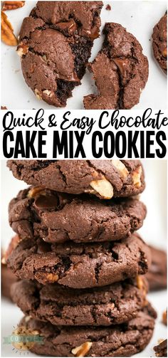 chocolate cookies stacked on top of each other with the words quick and easy chocolate cake mix cookies