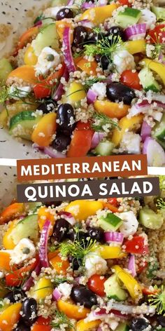 a salad with quinoa, black olives, tomatoes, cucumber and feta cheese