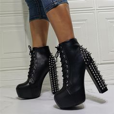 Super High Heels Rivetted Lace up Black Platform Goth Platform Boots, Goth Platforms, Studded Ankle Boots, Chunky Heel Ankle Boots, Cinderella Shoes, Chunky High Heels, Super High Heels, Heel Ankle Boots, Platform Heels Chunky