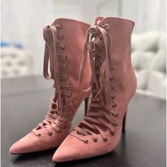 Fashion Nova Lace Up Pink 4 Inch Heel Boots Suede Like Material. Never Worn Spring Party Suede Boots, Suede Lace-up Boots For Party In Spring, Spring Party Suede Lace-up Boots, Spring Party Lace-up Suede Boots, Suede Lace-up Boots With Almond Toe For Spring, Chic Closed-toe Lace-up Boots For Spring, Spring Lace-up Suede Boots, Spring High Heel Suede Lace-up Boots, High-top Suede Lace-up Boots With Reinforced Heel