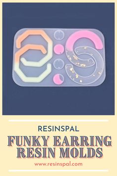 the words funky earring resin molds are displayed in front of a blue background