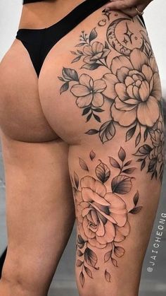 Floral Tattoo On Thigh, Whole Thigh Tattoo Women, Floral Side Piece Tattoo, Many Tattoos Woman, Hip Floral Tattoos Women, Back Of Leg Floral Tattoo, Womans Hip Tattoo, Floral Leg Piece, Flower Losing Petals Tattoo