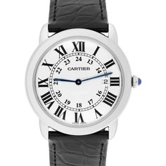 This stunning Cartier Ronde de Cartier wristwatch is a true luxury timepiece. With a sleek silver dial featuring elegant Roman numerals and a smooth bezel in a matching silver tone, this watch exudes class and sophistication. The 36mm round case is made of high-quality stainless steel and is water-resistant up to 30 meters, making it a durable and practical choice for everyday wear. The watch features 8 jewels and a Swiss-made quartz movement, ensuring accurate timekeeping. The sapphire crystal and scratch-resistant caseback provide added protection and longevity. The brand new two-piece black leather strap with a deployant closure adds to the overall elegance of the watch. This unisex watch is perfect for anyone looking for a timeless and versatile timepiece. Sale is covered by our in hou Cartier Rectangular Dial Watch With Date Display, Cartier Watch With Rectangular Dial And Date Display, Cartier Watches With Date Display And Rectangular Dial, Elegant Cartier Watch Accessories With Date Display, Cartier Formal Watches With Date Display, Luxury Cartier Watch With Date Display, Black Cartier Analog Watch, Elegant Cartier Watch With Date Display, Timeless Watch With Subdials For Anniversary