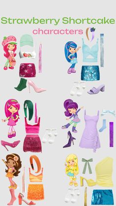 an advertisement for strawberry shortcakes featuring various outfits and accessories