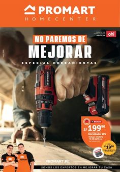 an advertisement for a repair company with two men in orange shirts and one is holding a drill