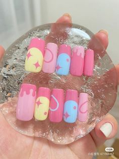 Pastel Nails Fall, Kidcore Nails Simple, Valentines Nails Tutorial, Cartoons Nails Art, Dessert Nail Art, Pinkie Pie Nails, Usahana Nails, Twice Nail Art, Care Bears Nail Art