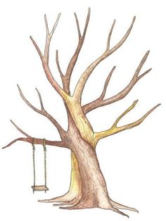 a drawing of a tree with a swing hanging from it's trunk and two branches