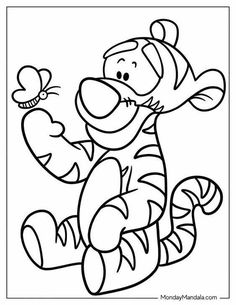 winnie the pooh holding a butterfly in her hand coloring pages for kids, printable