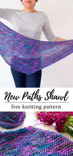 a woman holding up a purple shawl with the words new knits shawl on it