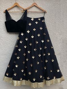 Black Velvet Blouse With Black Gold Skirt (Set of 2) By Shrena Hirawat now available at Trendroots Gold Lehenga Skirt, Black And Gold Lehenga, Scallop Dupatta, Black Velvet Blouse, Sequins Skirt, Gold Sequin Skirt, Gold Lehenga, Mirror Work Blouse, Black Lehenga