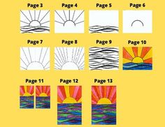 the steps to draw an ocean scene with water and sun in each step by numbers