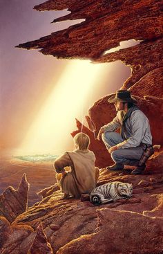 a painting of two people sitting on rocks