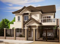 a two story house with a car parked in front of the gated entrance and balcony