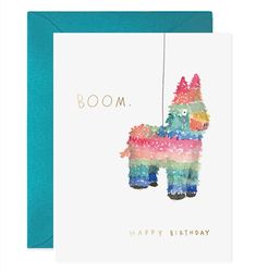 a birthday card with a colorful poodle on it's back and the words boom written