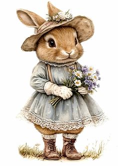 a painting of a rabbit in a dress and hat with flowers on it's head