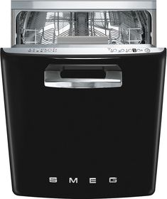 a black dishwasher with the word smeg on it