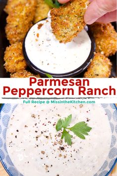 this is an image of a person dipping some food into a bowl with ranch dressing