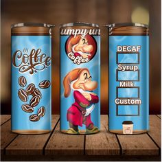 three cans of coffee with cartoon characters on them