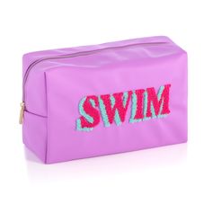 Carry all your odds and ends in style with Shiraleah's Joy "Swim" Zip Pouch. Made of durable polyester in a gentle lilac color, this rectangular case is the perfect size to carry your makeup or toiletries on the go. The trendy toothbrush embroidery spells the word "Swim" in pink and blue lettering, making it the perfect poolside companion. Pair with other items from Shiraleah to complete your look! Features a top zip closure and embroidered lettering Shiraleah is a trend-driven lifestyle brand f Purple Rectangular Cosmetic Bag With Zipper, Purple Zipper Pouch Cosmetic Bag For Travel, Summer Pink Rectangular Cosmetic Bag, Pink Rectangular Cosmetic Bag For Summer, Purple Rectangular Travel Cosmetic Bag, Purple Rectangular Travel Pouch, Purple Pouch Cosmetic Bag For Travel, Rectangular Purple Travel Pouch, Trendy Purple Rectangular Cosmetic Bag