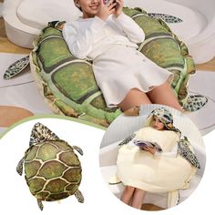 a woman sitting on top of a turtle pillow while holding a cell phone to her ear