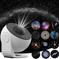 an image of a projector that is in the air with many planets around it